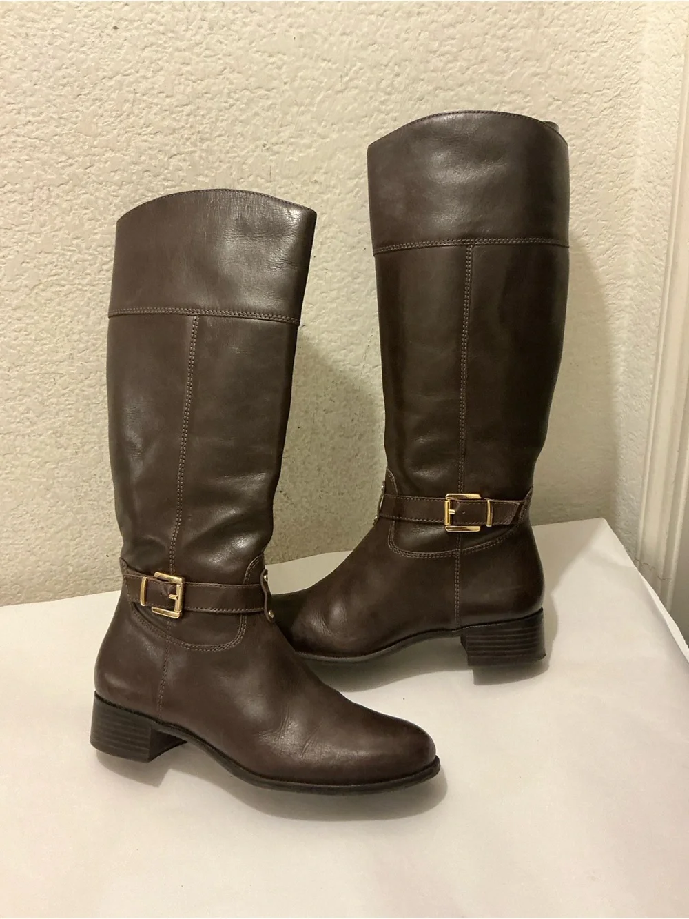 Banana Republic Sloanne Dark Brown Leather Knee Boots with Gold Buckle